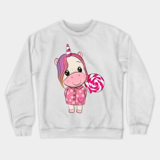 Cute unicorn in a pink coat with a lollipop. Crewneck Sweatshirt